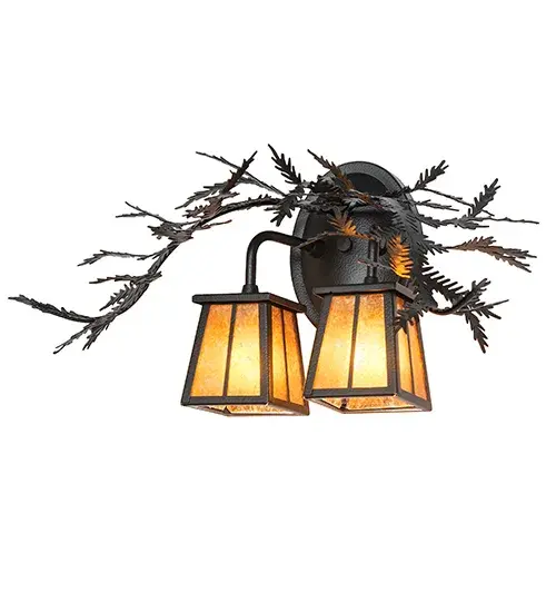 Enjoy the natural beauty of the American woodlands with this stunning wall luminaire. Designed with Black Satin Wrought Iron decorative metal branches and pine needles; the fixture illuminates two Mission-styled lanterns featuring a lovely Amber Mica lens. Inspired by Pine Forests located in the Bienville forest in central Mississippi; to the Ashley National Forest in Utah and Wyoming; to the Beaverhead-Deerlodge Forest in Montana. The fixture can be used as a vanity light in a fine bath or as a wall sconce in a hallway and other rooms in lodges; camps; and other residential and hospitality locations. The Pine Branch Valley View 2 Light Wall Sconce is included in our American-made; American designed handcrafted Nature Inspired Collection and manufactured in Yorkville; New York. UL and cUL listed for dry and damp locations. - alternate view