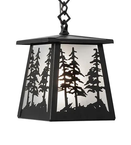 This stunning mini pendant features mesmerizing Pine Tree silhouettes that stand tall as the brilliant morning sun rises above the woodlands in the background. Beautiful ambient light is projected through a Clear Frosted Glass diffuser complemented with decorative accents and hardware featured in a Textured Black finish. The overall height ranges from 13 to 56 inches, as the chain can be easily adjusted in the field to meet your lighting requirements. The Tall Pines design is inspired by the Coconino National Forest in Arizona, to the Deschutes National Forest in Oregon, to the Ancient Bristlecone Pine Forest of California. Install these mini pendants in groups to create stunning design statements above bars, counters, and kitchen islands in residential and hospitality settings. The Tall Pines Pendant is included in our American-made, American-designed, handcrafted Nature Inspired Lighting Collection and manufactured in Yorkville, New York. UL and cUL listed for dry and damp locations. Collection: Tall Pines Finish: Textured Black Glass: Clear Frosted Glass Width: 10.00" Height: 13.00" Length: 7.00" Weight: 7.00 lb Number of Bulbs: 1 Maximum Wattage: 60.00 W Bulb Type: A19 Bulb Base: E26 Material: Steel Country of Origin: USA Safety Rating: Damp - alternate view