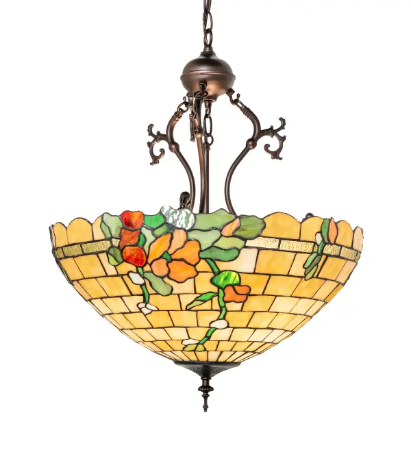 Symbolizing the circle of life; ambition; and fertility; Hollyhock flowers are typically planted near the front door to welcome prosperity and good luck to the home. This inverted art glass shade features flourishes with Orange and Red Hollyhocks accented with Green Leaves on an Amber gridwork background. The Duffner & Kimberly Reproduction handcrafted shade is created using the famous Meyda Tiffany copperfoil construction technique and cradled with elegant cast metal hardware in Mahogany Bronze. The fixture is ideal for placement in hallways and dining areas to create a beautiful design statement in residential and hospitality spaces; from New York; New York to Meriden; Connecticut; to Cleveland; Ohio. The overall height ranges from 28 to 62 inches; as the chain length can be adjusted in the field to accommodate your specific lighting application needs. The Duffner & Kimberly Hollyhock Inverted Pendant is featured in our American-designed; handcrafted Duffner & Kimberly Reproduction Collection. UL and cUL listed for dry and damp locations. Each shade is a unique work of art with color variations based on natural ingredients inherent in the glass. Duffner & Kimberly was a New York-based company founded by stained glass window designer Oliver Speers Kimberly; and Francis Duffner; who had significant lighting industry experience. The company focused exclusively on creating high-end art glass shades with matching bronze and brass bases during the early 20th Century. Their designs were popular during that period and included the Shell; Viking; and Grape Vineyard; to name but a few.
