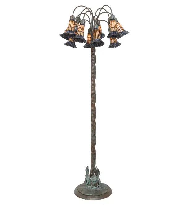 It was inspired by the famous Tiffany design from the early 1900s. This chandelier features 12 stunning Amber and Purple stained glass shades created using the famous Meyda Tiffany copperfoil construction technique. An elegant Cast Bronze base features a Rich Mahogany Patina, with winding vines and a lily pad that embraces the shades with floral-styled fitters inspired by antique lighting in homes from the Bowery in New York City, to Philadelphia, Pennsylvania, to San Francisco, California. Ideal for placement near a chair or table in living spaces, dining areas, and other settings in hospitality and residential settings. The Stained Glass Pond Lily Floor Lamp is included in our American-designed, handcrafted Stained Glass Lighting Collection. UL and cUL listed for dry locations. Each shade is a unique work of art with color variations based on natural ingredients inherent in the glass. Collection: Stained Glass Pond Lily Finish: Bronze Glass: Honey Wispy & Purple Width: 25.00" Height: 61.00" Length: 25.00" Weight: 22.50 lb Number of Bulbs: 12 Maximum Wattage: 25.00 W Bulb Type: BA9 Bulb Base: E12 Material: Bronze Country of Origin: CHINA Safety Rating: Dry