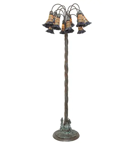 It was inspired by the famous Tiffany design from the early 1900s. This chandelier features 12 stunning Amber and Purple stained glass shades created using the famous Meyda Tiffany copperfoil construction technique. An elegant Cast Bronze base features a Rich Mahogany Patina, with winding vines and a lily pad that embraces the shades with floral-styled fitters inspired by antique lighting in homes from the Bowery in New York City, to Philadelphia, Pennsylvania, to San Francisco, California. Ideal for placement near a chair or table in living spaces, dining areas, and other settings in hospitality and residential settings. The Stained Glass Pond Lily Floor Lamp is included in our American-designed, handcrafted Stained Glass Lighting Collection. UL and cUL listed for dry locations. Each shade is a unique work of art with color variations based on natural ingredients inherent in the glass. Collection: Stained Glass Pond Lily Finish: Bronze Glass: Honey Wispy & Purple Width: 25.00" Height: 61.00" Length: 25.00" Weight: 22.50 lb Number of Bulbs: 12 Maximum Wattage: 25.00 W Bulb Type: BA9 Bulb Base: E12 Material: Bronze Country of Origin: CHINA Safety Rating: Dry - alternate view