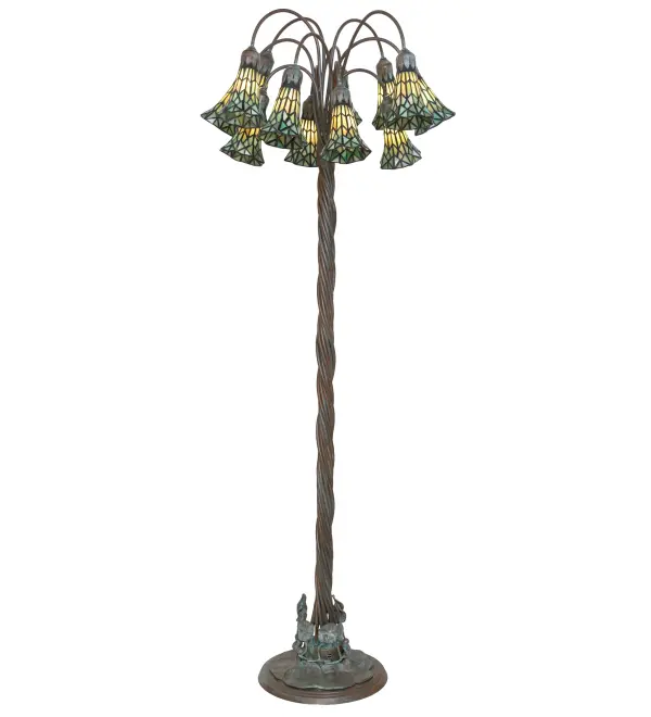 It was inspired by the famous Tiffany design from the early 1900s. This chandelier features 12 stunning Amber and Green Pond Lily-styled, stained glass shades created using the famous Meyda Tiffany copperfoil construction technique. An elegant Cast Bronze base features a Rich Mahogany Patina, with winding vines and a lily pad that embraces the shades with floral-styled fitters. The lamp design is inspired by antique lighting in homes from the Bowery in New York City, to Philadelphia, Pennsylvania, to San Francisco, California. Ideal for placement near a chair or table in living spaces, dining areas, and other settings in hospitality and residential settings. The Stained Glass Pond Lily Floor Lamp is included in our American-designed, handcrafted Stained Glass Lighting Collection. UL and cUL listed for dry locations. Each shade is a unique work of art with color variations based on natural ingredients inherent in the glass. Collection: Stained Glass Pond Lily Finish: Bronze Glass: Green Stained Glass Width: 25.00" Height: 61.00" Length: 25.00" Weight: 22.50 lb Number of Bulbs: 12 Maximum Wattage: 25.00 W Bulb Type: BA9 Bulb Base: E12 Material: Bronze Country of Origin: CHINA Safety Rating: Dry