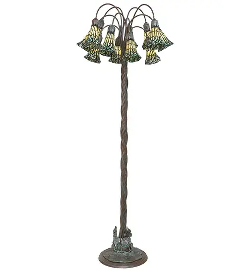 It was inspired by the famous Tiffany design from the early 1900s. This chandelier features 12 stunning Amber and Green Pond Lily-styled, stained glass shades created using the famous Meyda Tiffany copperfoil construction technique. An elegant Cast Bronze base features a Rich Mahogany Patina, with winding vines and a lily pad that embraces the shades with floral-styled fitters. The lamp design is inspired by antique lighting in homes from the Bowery in New York City, to Philadelphia, Pennsylvania, to San Francisco, California. Ideal for placement near a chair or table in living spaces, dining areas, and other settings in hospitality and residential settings. The Stained Glass Pond Lily Floor Lamp is included in our American-designed, handcrafted Stained Glass Lighting Collection. UL and cUL listed for dry locations. Each shade is a unique work of art with color variations based on natural ingredients inherent in the glass. Collection: Stained Glass Pond Lily Finish: Bronze Glass: Green Stained Glass Width: 25.00" Height: 61.00" Length: 25.00" Weight: 22.50 lb Number of Bulbs: 12 Maximum Wattage: 25.00 W Bulb Type: BA9 Bulb Base: E12 Material: Bronze Country of Origin: CHINA Safety Rating: Dry - alternate view