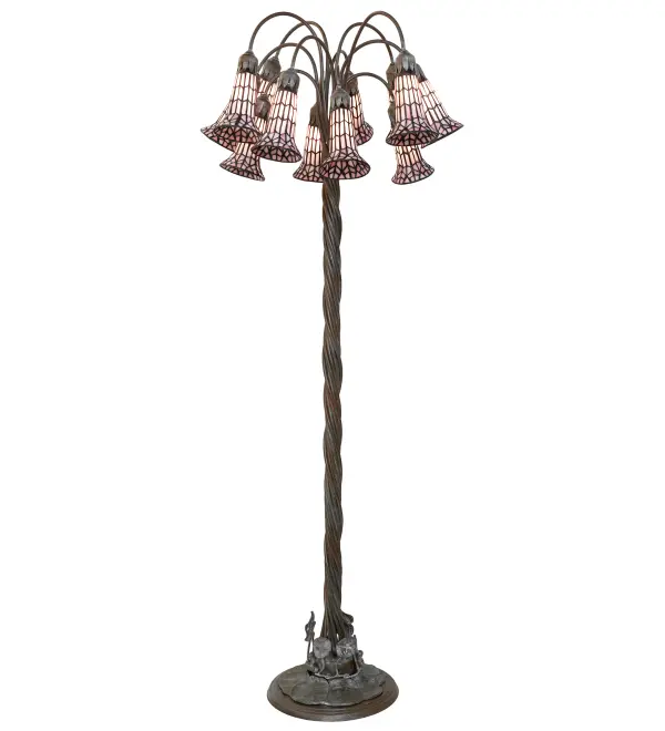 It was inspired by the famous Tiffany design from the early 1900s. This chandelier features 12 stunning Pink stained glass shades created using the famous Meyda Tiffany copperfoil construction technique. An elegant Cast Bronze base features a Rich Mahogany Patina, with winding vines and a lily pad that embraces the shades with floral-styled fitters. The lamp design is inspired by antique lighting in homes from the Bowery in New York City, to Philadelphia, Pennsylvania, to San Francisco, California. Ideal for placement near a chair or table in living spaces, dining areas, and other settings in hospitality and residential settings. The Stained Glass Pond Lily Floor Lamp is included in our American-designed, handcrafted Stained Glass Lighting Collection. UL and cUL listed for dry locations. Each shade is a unique work of art with color variations based on natural ingredients inherent in the glass. Collection: Stained Glass Pond Lily Finish: Bronze Glass: Pink Width: 25.00" Height: 61.00" Length: 25.00" Weight: 22.50 lb Number of Bulbs: 12 Maximum Wattage: 25.00 W Bulb Type: BA9 Bulb Base: E12 Material: Bronze Country of Origin: CHINA Safety Rating: Dry