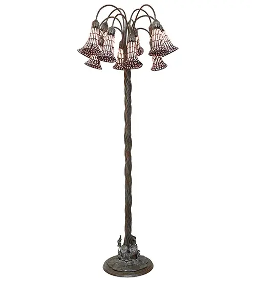 It was inspired by the famous Tiffany design from the early 1900s. This chandelier features 12 stunning Pink stained glass shades created using the famous Meyda Tiffany copperfoil construction technique. An elegant Cast Bronze base features a Rich Mahogany Patina, with winding vines and a lily pad that embraces the shades with floral-styled fitters. The lamp design is inspired by antique lighting in homes from the Bowery in New York City, to Philadelphia, Pennsylvania, to San Francisco, California. Ideal for placement near a chair or table in living spaces, dining areas, and other settings in hospitality and residential settings. The Stained Glass Pond Lily Floor Lamp is included in our American-designed, handcrafted Stained Glass Lighting Collection. UL and cUL listed for dry locations. Each shade is a unique work of art with color variations based on natural ingredients inherent in the glass. Collection: Stained Glass Pond Lily Finish: Bronze Glass: Pink Width: 25.00" Height: 61.00" Length: 25.00" Weight: 22.50 lb Number of Bulbs: 12 Maximum Wattage: 25.00 W Bulb Type: BA9 Bulb Base: E12 Material: Bronze Country of Origin: CHINA Safety Rating: Dry - alternate view