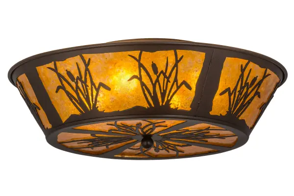 Cattails and marsh grasses top this wildlife inspired original fixture. The flushmount is finished in Cafe Noir; has Amber Mica panels. Custom crafted by highly skilled artisans in our 180;000 square foot manufacturing facility at the foothills of the spectacular Adirondack Mountains in Upstate NY. Diffuser colors and metal finishes are customizable as each fixture is handcrafted to order. Dimmable energy efficient lamping options available. UL and cUL listed for dry and damp locations.