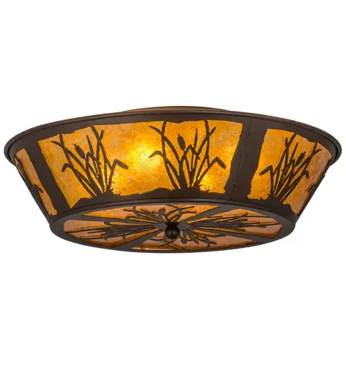 Cattails and marsh grasses top this wildlife inspired original fixture. The flushmount is finished in Cafe Noir; has Amber Mica panels. Custom crafted by highly skilled artisans in our 180;000 square foot manufacturing facility at the foothills of the spectacular Adirondack Mountains in Upstate NY. Diffuser colors and metal finishes are customizable as each fixture is handcrafted to order. Dimmable energy efficient lamping options available. UL and cUL listed for dry and damp locations. - alternate view