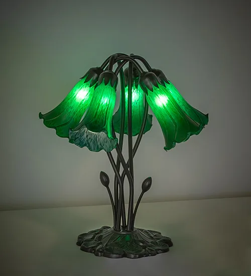 16" High Green Tiffany Pond Lily 5 Light Table Lamp