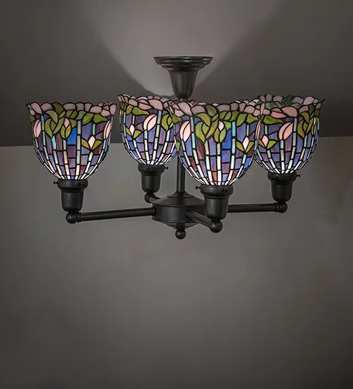 23" Wide Tiffany Flowering Lotus Revival 4 Light Chandelier