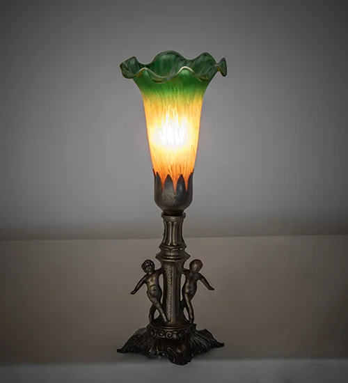 11" High Amber/Green Tiffany Pond Lily Maidens Mini Lamp