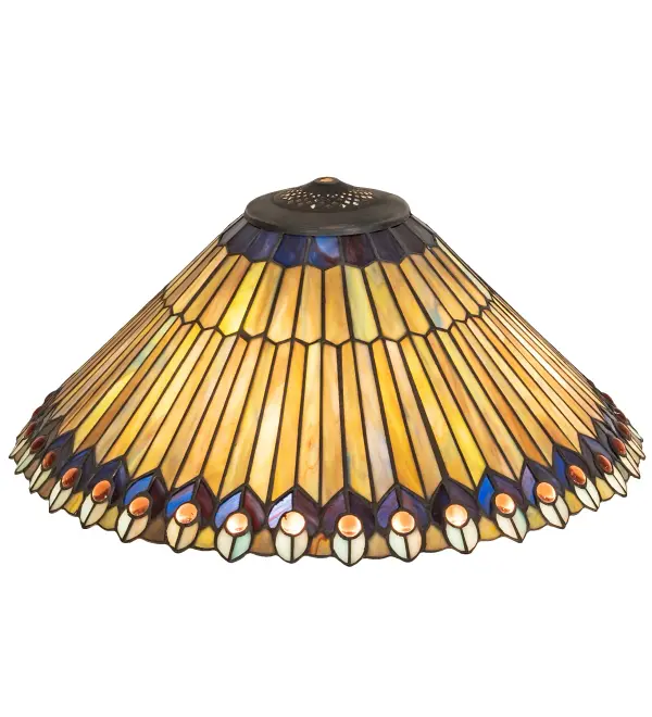 As distinctive as beautiful Peacock fanning feathers in the wild; no two shades will ever be the same as their individuality can be as remarkably unique as their personality. This artistic creation utilizes swirling art glass background combinations including Beige; Yellow Pinks; Golden Greens; Ivories; Bluish Whites; Blues; and Greens; and accented with Amber jewels. Individual pieces of glass are hand cut and wrapped using the famous Meyda Tiffany copperfoil construction technique. Pair with a base to create a table or floor lamp; or use hardware to build a wall sconce or ceiling fixture. The Tiffany Jeweled Peacock Shade is included in our American designed; handcrafted Tiffany Reproduction Collection.