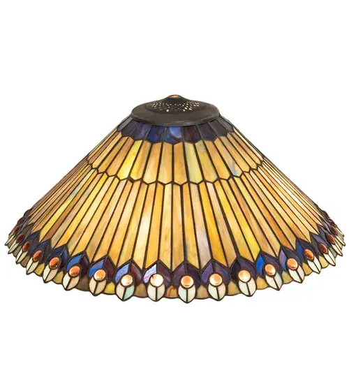 As distinctive as beautiful Peacock fanning feathers in the wild; no two shades will ever be the same as their individuality can be as remarkably unique as their personality. This artistic creation utilizes swirling art glass background combinations including Beige; Yellow Pinks; Golden Greens; Ivories; Bluish Whites; Blues; and Greens; and accented with Amber jewels. Individual pieces of glass are hand cut and wrapped using the famous Meyda Tiffany copperfoil construction technique. Pair with a base to create a table or floor lamp; or use hardware to build a wall sconce or ceiling fixture. The Tiffany Jeweled Peacock Shade is included in our American designed; handcrafted Tiffany Reproduction Collection. - alternate view