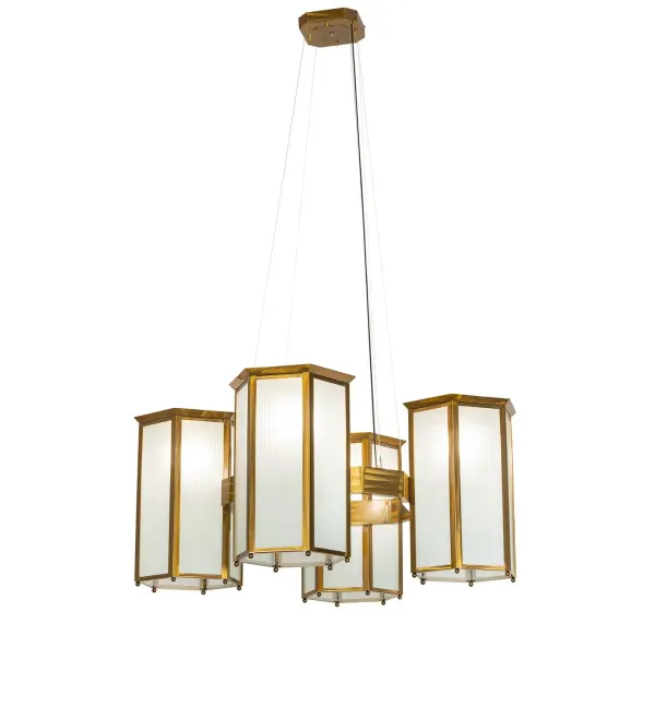 Utilizing a blend of old-world craftsmanship and modern technology... Affeton brings home unsurpassed quality and appeal. Ambient light is diffused through four lanterns featuring Frosted Fluted Glass panels. The shades are complemented by Transparent Gold finished hardware. This massive fixture is ideal for illuminating dining rooms and entryways in homes and hotels from Lowell, Massachusetts, to High Point, North Carolina, to Pueblo, Colorado. The overall height ranges from 34 to 96 inches, as the aircraft cable can be easily adjusted in the field. The Affeton 4 Light Pendant is included in the American-made, American-designed, handcrafted Inspirational Lighting Collection. UL and cUL listed for dry and damp locations. The lighting fixture was designed by MB Within Interior Design of Charleston, South Carolina and featured in the Marble and Fin restaurant in Charleston, South Carolina. Collection: Affeton Finish: Transparent Gold Glass: Frosted Fluted Glass Width: 60.00" Height: 34.00" Length: 60.00" Weight: 180.00 lb Number of Bulbs: 4 Maximum Wattage: 60.00 W Bulb Type: A19 Bulb Base: E26 Material: Steel Country of Origin: USA Safety Rating: Damp