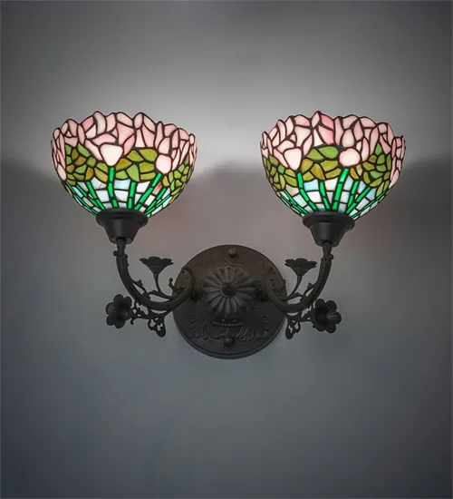 19" Wide Tiffany Cabbage Rose 2 Light Wall Sconce
