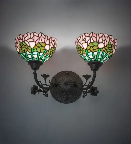 19" Wide Tiffany Cabbage Rose 2 Light Wall Sconce - Image 1