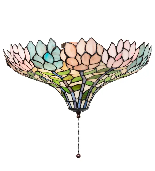 Stylized Wisteria flower clusters in Petal Pink; Amethyst Blue and Dark Mauve with Jade Green leaves and Dark Mauve vines drape over the Beige background of this shade. The classic styling of Tiffany art glass and soft pastel colors will add charm to any room. The stunning shade is made of hand-cut glass using the famous Meyda Tiffany copperfoil construction technique. This ceiling fixture is complemented with a warm Mahogany Bronze finish and pairs with a ceiling fan. Fan is not included. The Wisteria Fan Light Fixture is featured in our American-designed; handcrafted Stained Glass Lighting Collection. UL and cUL listed for dry and damp locations. Each shade is a unique work of art with color variations based on natural ingredients inherent in the glass.