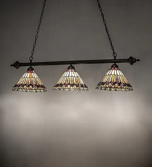 47" Long Tiffany Jeweled Peacock 3 Light Island Pendant - Image 1