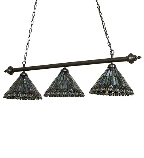 47" Long Tiffany Jeweled Peacock 3 Light Island Pendant - Image 3