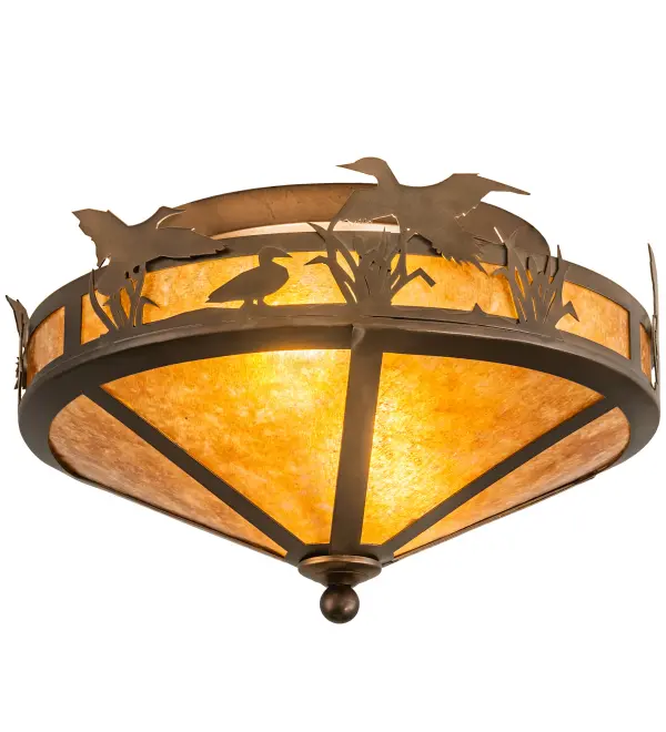 Ducks splash about the cattails and marsh grasses in this wildlife inspired original lighting fixture.Beautiful ambient lighting projected through a Amber Mica lens and bottom diffuser with frame and hardware hand finished in Antique Copper.Handcrafted in the USA by Meyda artisans in the Yorkville, NY manufacturing facility located at the foothills of the Adirondack Mountains.Wildlife and other custom designs available. Energy efficient lamping options offered. Collection: Ducks In Flight Finish: Antique Copper Glass: Amber Mica Notes: Custom Crafted In Yorkville, New York Please Allow 30 Days Width: 16.00" Height: 9.50" Length: 16.00" Weight: 6.50 lb Number of Bulbs: 2 Maximum Wattage: 60.00 W Bulb Type: A19 Bulb Base: E26 Material: Steel Country of Origin: USA Safety Listing: Damp Safety Rating: Damp