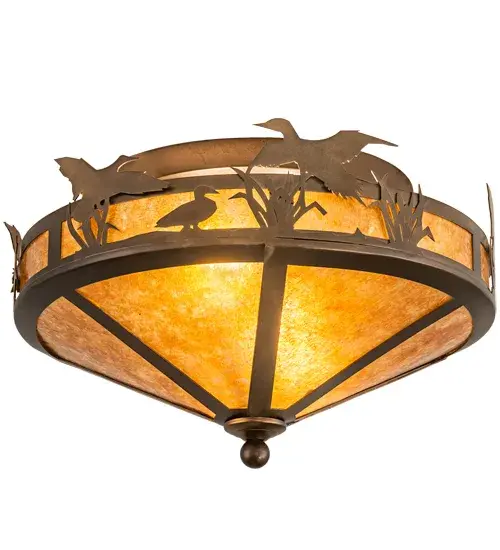 Ducks splash about the cattails and marsh grasses in this wildlife inspired original lighting fixture.Beautiful ambient lighting projected through a Amber Mica lens and bottom diffuser with frame and hardware hand finished in Antique Copper.Handcrafted in the USA by Meyda artisans in the Yorkville, NY manufacturing facility located at the foothills of the Adirondack Mountains.Wildlife and other custom designs available. Energy efficient lamping options offered. Collection: Ducks In Flight Finish: Antique Copper Glass: Amber Mica Notes: Custom Crafted In Yorkville, New York Please Allow 30 Days Width: 16.00" Height: 9.50" Length: 16.00" Weight: 6.50 lb Number of Bulbs: 2 Maximum Wattage: 60.00 W Bulb Type: A19 Bulb Base: E26 Material: Steel Country of Origin: USA Safety Listing: Damp Safety Rating: Damp - alternate view