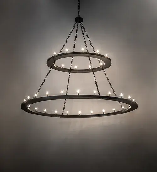 Blending an elegant style with a classic; distinguished look... Loxley is custom-crafted with 36 complementary faux candlelights on this massive; two-tiered chandelier; which is complemented with a Solar Black finish. Ideal for illuminating lobbies; conference rooms; entryways; and other large residential and commercial spaces. Overall height ranges from 76 to 150 inches as the chain can be adjusted in the field. This luxurious custom fixture is ideal for illuminating ballrooms; dining tables; lobbies; entryways; and other residential; hospitality; and commercial spaces throughout the US; including Arlington; Virginia; Omaha; Nebraska and Sacramento; California. The Loxley Chandelier is featured in our American-made; American-designed; handcrafted Transitional Lighting Collection. UL & cUL listed for dry and damp locations.