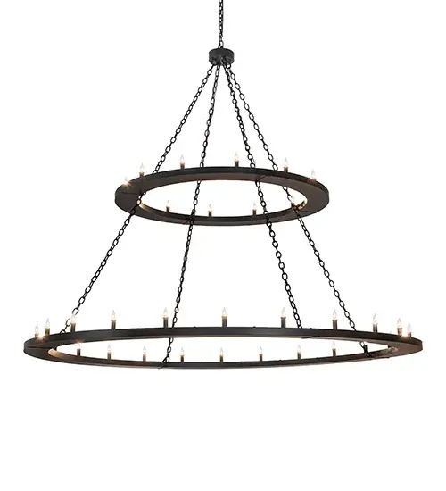 Blending an elegant style with a classic; distinguished look... Loxley is custom-crafted with 36 complementary faux candlelights on this massive; two-tiered chandelier; which is complemented with a Solar Black finish. Ideal for illuminating lobbies; conference rooms; entryways; and other large residential and commercial spaces. Overall height ranges from 76 to 150 inches as the chain can be adjusted in the field. This luxurious custom fixture is ideal for illuminating ballrooms; dining tables; lobbies; entryways; and other residential; hospitality; and commercial spaces throughout the US; including Arlington; Virginia; Omaha; Nebraska and Sacramento; California. The Loxley Chandelier is featured in our American-made; American-designed; handcrafted Transitional Lighting Collection. UL & cUL listed for dry and damp locations. - alternate view