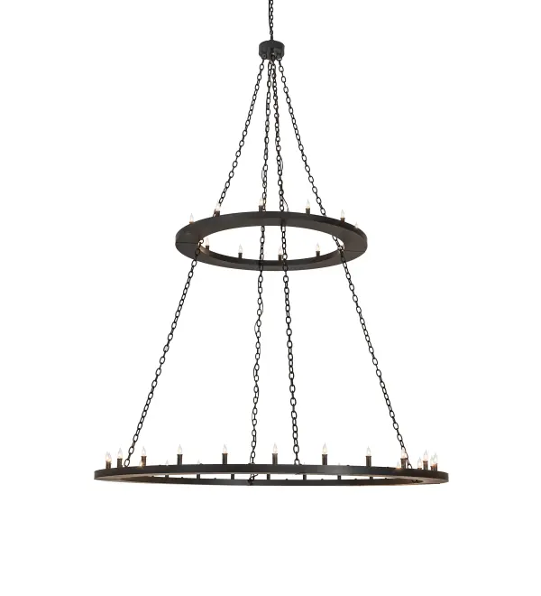 Replicating a sizeable old-world chandelier of yore, The massive Loxley chandelier is custom-crafted with 36 Complementary faux candlelights featured on two decorative rings hand-finished in Solar Black. This luxurious, grand-styled custom lighting fixture is ideal for illuminating ballrooms, dining tables, lobbies, entryways, and other residential, hospitality, and commercial spaces from Traverse City, Michigan, to Lake Tahoe, Nevada, to Lake Geneva, Wisconsin. Overall height ranges from 102 to 224 inches as the chain can be easily adjusted in the field. The Loxley Chandelier is featured in our American-made, American-designed, handcrafted Transitional Lighting Collection. UL & cUL listed for dry and damp locations. Collection: Loxley Finish: Solar Black Glass: Black Metal Finish Width: 72.00" Height: 102.00" Length: 72.00" Weight: 130.00 lb Number of Bulbs: 36 Maximum Wattage: 40.00 W Bulb Type: BA9 Bulb Base: E12 Material: Steel Country of Origin: USA Safety Rating: Damp
