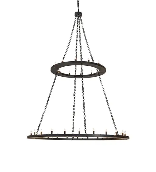 Replicating a sizeable old-world chandelier of yore, The massive Loxley chandelier is custom-crafted with 36 Complementary faux candlelights featured on two decorative rings hand-finished in Solar Black. This luxurious, grand-styled custom lighting fixture is ideal for illuminating ballrooms, dining tables, lobbies, entryways, and other residential, hospitality, and commercial spaces from Traverse City, Michigan, to Lake Tahoe, Nevada, to Lake Geneva, Wisconsin. Overall height ranges from 102 to 224 inches as the chain can be easily adjusted in the field. The Loxley Chandelier is featured in our American-made, American-designed, handcrafted Transitional Lighting Collection. UL & cUL listed for dry and damp locations. Collection: Loxley Finish: Solar Black Glass: Black Metal Finish Width: 72.00" Height: 102.00" Length: 72.00" Weight: 130.00 lb Number of Bulbs: 36 Maximum Wattage: 40.00 W Bulb Type: BA9 Bulb Base: E12 Material: Steel Country of Origin: USA Safety Rating: Damp - alternate view