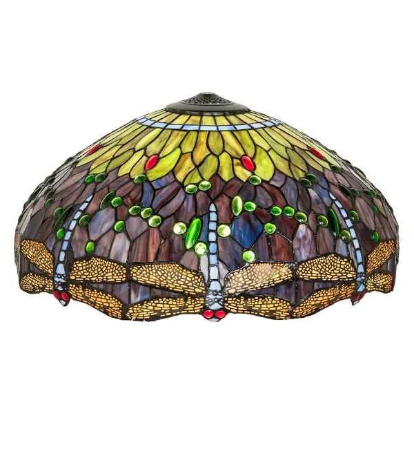 This version of a most beloved stained glass dragonfly design is modeled after the original hanging head dragonfly from Tiffany Studios. Diving Blue Dragonflies with glowing Red jeweled eyes and delicate metal filigree wings circle over hand cut and copper foiled pieces of Pond Green and Lakeside Blue Ripple glass that represent the water. Emerald Green and Ruby Red jewels accent the background. This lovely shade is created using the famous Meyda Tiffany copperfoil construction.Each shade is a unique work of art with color variations based on natural ingredients inherent in the glass. Contact us if color matching is critical when ordering multiple items. Collection: Tiffany Hanginghead Dragonfly Glass: Stained Glass Width: 22.00" Height: 10.00" Length: 22.00" Weight: 9.50 lb Country of Origin: CHINA Safety Rating: Dry