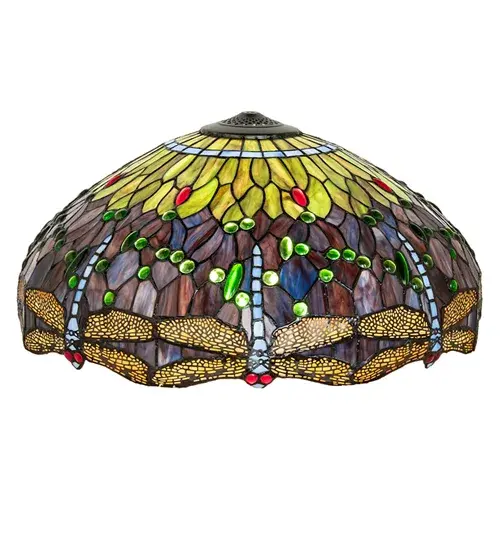 This version of a most beloved stained glass dragonfly design is modeled after the original hanging head dragonfly from Tiffany Studios. Diving Blue Dragonflies with glowing Red jeweled eyes and delicate metal filigree wings circle over hand cut and copper foiled pieces of Pond Green and Lakeside Blue Ripple glass that represent the water. Emerald Green and Ruby Red jewels accent the background. This lovely shade is created using the famous Meyda Tiffany copperfoil construction.Each shade is a unique work of art with color variations based on natural ingredients inherent in the glass. Contact us if color matching is critical when ordering multiple items. Collection: Tiffany Hanginghead Dragonfly Glass: Stained Glass Width: 22.00" Height: 10.00" Length: 22.00" Weight: 9.50 lb Country of Origin: CHINA Safety Rating: Dry - alternate view