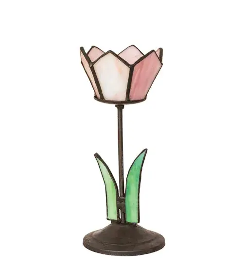 This charming tealilght holder is created using the famous Meyda Tiffany copperfoil construction technique. The floral petals are featured in Pink stained glass while they are accented with Green stained glass leaves below. The figure sits on a Craftsman Brown fnished base. The tealight tis ideal as an illuminating accent piece on mantels; credenzas; occasional tables; and other spaces in fine homes. The Radient Blossom Tealight Holder is included in our American-designed Stained Glass Collection. Each lamp is a unique work of art with color variations based on natural ingredients inherent in the glass. - alternate view