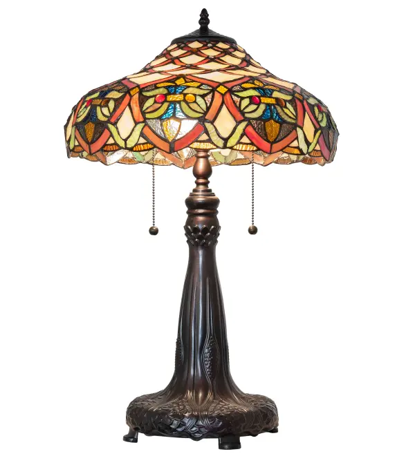 A luxurious Art Nouveau stained glass shade is highlighted with Sunburst jewels that accent Sunset Orange, Amber, Leafy Green, and Blue/Green patterns, with borders featuring swirled Blue/Green/Purple colored pieces of glass. The stained glass shade is handcrafted using Meyda Tiffany's world-famous copperfoil construction process. This magnificent Tiffany-styled art glass pendant is complemented with an elegant cast metal base hand-finished in a warm Mahogany Bronze and inspired by antique lamps from West Hollywood, Florida, to West Hollywood, California and ideal for illuminating tables, credenzas, and desks in homes, banks, and restaurants. The Franco Table Lamp is included in our American-designed, handcrafted Tiffany Stained Glass Collection. UL & cUL listed for dry locations. Each shade is a unique work of art with color variations based on natural ingredients inherent in the glass. Collection: Franco Finish: Mahogany Bronze Glass: Stained Glass Width: 16.00" Height: 26.00" Length: 16.00" Weight: 10.00 lb Number of Bulbs: 2 Maximum Wattage: 60.00 W Bulb Type: A19 Bulb Base: E26 Material: Steel Country of Origin: CHINA Safety Rating: Dry