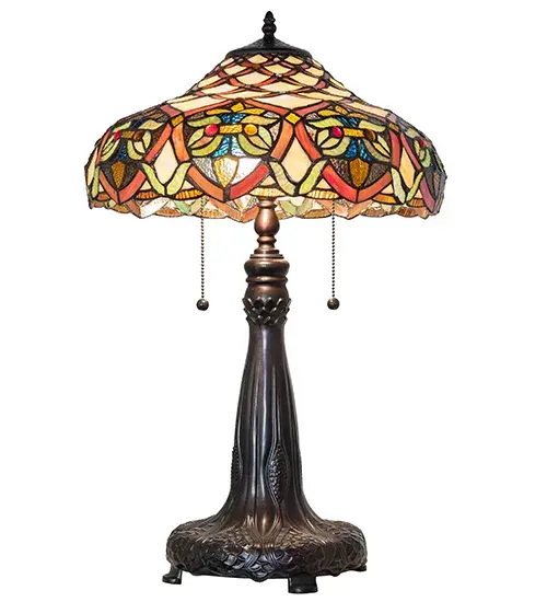A luxurious Art Nouveau stained glass shade is highlighted with Sunburst jewels that accent Sunset Orange, Amber, Leafy Green, and Blue/Green patterns, with borders featuring swirled Blue/Green/Purple colored pieces of glass. The stained glass shade is handcrafted using Meyda Tiffany's world-famous copperfoil construction process. This magnificent Tiffany-styled art glass pendant is complemented with an elegant cast metal base hand-finished in a warm Mahogany Bronze and inspired by antique lamps from West Hollywood, Florida, to West Hollywood, California and ideal for illuminating tables, credenzas, and desks in homes, banks, and restaurants. The Franco Table Lamp is included in our American-designed, handcrafted Tiffany Stained Glass Collection. UL & cUL listed for dry locations. Each shade is a unique work of art with color variations based on natural ingredients inherent in the glass. Collection: Franco Finish: Mahogany Bronze Glass: Stained Glass Width: 16.00" Height: 26.00" Length: 16.00" Weight: 10.00 lb Number of Bulbs: 2 Maximum Wattage: 60.00 W Bulb Type: A19 Bulb Base: E26 Material: Steel Country of Origin: CHINA Safety Rating: Dry - alternate view