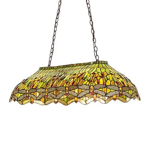 This version of Tiffany Studio's most beloved dragonfly design; is modeled after the original hanging head dragonfly. Diving dragonflies with glowing Scarlet jeweled eyes and delicate metal filigree wings circle over hand cut and copper foiled pieces of streaky Amber; Pond Green and Scarlet art glass accented with glistening jewels of Amber; Emerald and Scarlet that represent sunset reflections on rippling water. The oblong pendant hardware is finished in a warm hand applied mahogany bronze. - alternate view