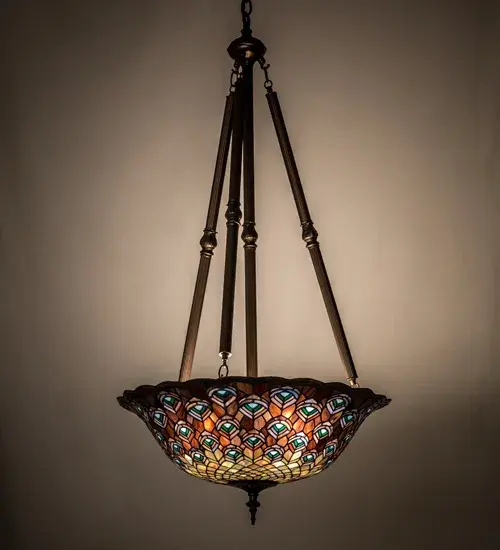 24"W Tiffany Peacock Feather Inverted Pendant - Image 1