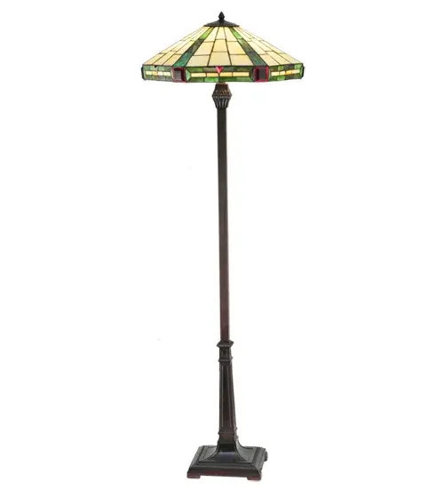 This classic Wilkinson stained glass shade features Ruby glass square and triangular jewels that accent Cerise Red streaked Forrest Green bands on a warm Beige background. This handsome shade is handcrafted using the copper foil technique invented by Louis Comfort Tiffany. The shade is paired with a floor lamp base; hand finished in a warm Mahogany Bronze. - alternate view