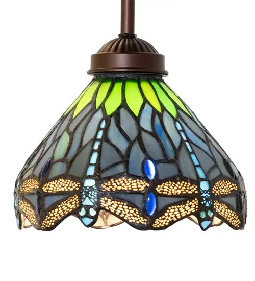 This beloved lighting design is modeled after the original Hanging Head Dragonfly from Tiffany Studios. Diving Blue Dragonflies with glowing jeweled eyes and delicate metal filigree wings circle over hand-cut and copper foiled pieces of Lakeside Blue and Pond Green glass representing rippling water. This lovely shade is crafted using the renowned Meyda Tiffany copper foil construction and accented with Mahogany Bronze finished metal hardware. The fixture is ideal for illuminating bars, dining tables, and islands in residential, club, and restaurant spaces. The overall height can be adjusted by combining the four stem lengths that are included: 6-inch, 12-inch, 16-inch, and 24-inch, in any combination to achieve the desired drop from the ceiling. The Tiffany Hanging Head Dragonfly Mini Pendant is included in our American-designed, handcrafted Tiffany Reproduction Collection. The fixture is UL and cUL listed for dry and damp locations. Collection: Tiffany Hanginghead Dragonfly Finish: Mahogany Bronze Glass: Eb Va Ka Width: 7.00" Height: 16.00" Length: 7.00" Weight: 4.00 lb Number of Bulbs: 1 Maximum Wattage: 60.00 W Bulb Type: A19 Bulb Base: E26 Material: Steel Country of Origin: CHINA Safety Rating: Damp - alternate view