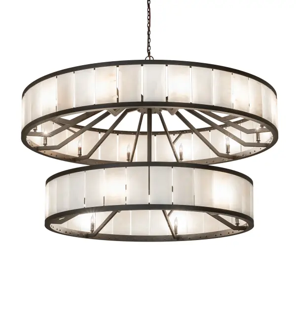 This massive; stunning chandelier features two diffuser tiers handcrafted of Natural Calcite stone; a carbonate mineral and component of limestone that helps deepen intellect; wisdom; and psychic abilities and serves as a spiritual cleanser that renews commitment to making changes. The elegant fixture is enhanced with an Oil Rubbed Bronze finish. It is perfect for illuminating entryways; lobbies; great rooms; and other large residential and hospitality spaces from Trenton; New Jersey; to Boulder; Colorado. The overall height ranges from 45 to 164 inches; as the chain length can be easily adjusted in the field to accommodate your specific lighting application needs. This fixture complements the smaller 36 Wide Hokaiseki Chandelier (item 265763). The Hokaiseki Chandelier is included in our American-made; American-designed; handcrafted Contemporary Lighting Collection and manufactured in Yorkville; New York. UL and cUL listed for damp and dry locations and featured in Wisdom Woods in Spooner; Wisconsin."