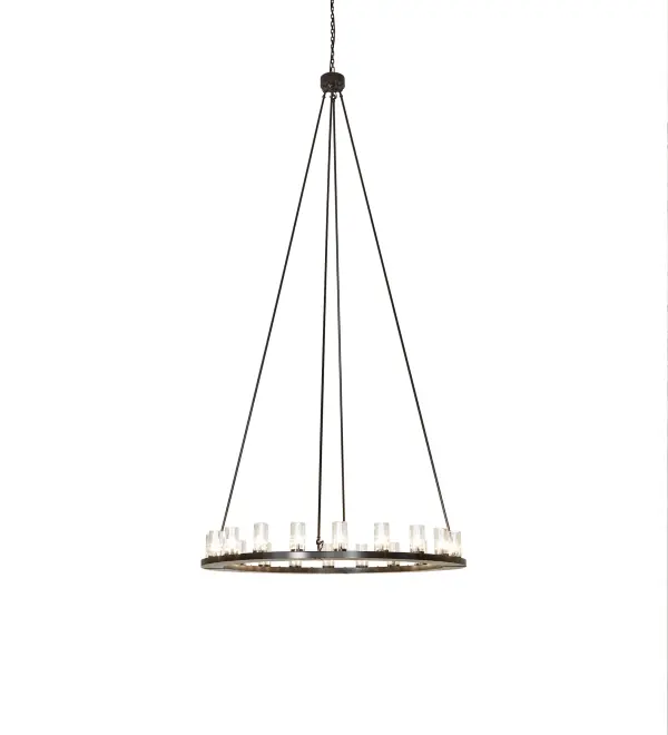 Blending an elegant style with a classic, distinguished look... The massive Loxley chandelier is custom-crafted with 20 Clear Glass Cylindre elements. These illuminating elements are perched on a sturdy ring, which is enhanced with a Timeless Bronze finish. This luxurious custom fixture is ideal for illuminating ballrooms, dining tables, lobbies, entryways, and other residential, hospitality, and commercial spaces throughout the U.S. The overall height ranges from 124 to 159 inches, as the chain can be easily adjusted on location to meet your lighting requirements. The Loxley 20 Light Chandelier is included in our American-made, American-designed, handcrafted Transitional Lighting Collection. This fixture is manufactured in Yorkville, New York, and is UL and cUL listed for dry and damp locations. Collection: Loxley Finish: Timeless Bronze Glass: Clear Glass Width: 60.00" Height: 124.00" Length: 60.00" Weight: 90.00 lb Number of Bulbs: 20 Maximum Wattage: 40.00 W Bulb Type: BA9 Bulb Base: E12 Material: Steel Country of Origin: USA Safety Rating: Damp