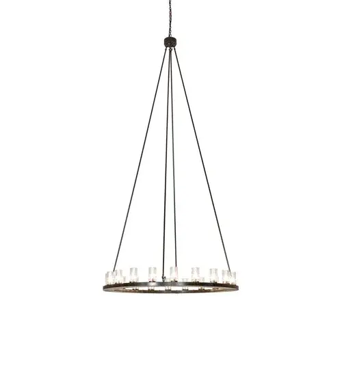 Blending an elegant style with a classic, distinguished look... The massive Loxley chandelier is custom-crafted with 20 Clear Glass Cylindre elements. These illuminating elements are perched on a sturdy ring, which is enhanced with a Timeless Bronze finish. This luxurious custom fixture is ideal for illuminating ballrooms, dining tables, lobbies, entryways, and other residential, hospitality, and commercial spaces throughout the U.S. The overall height ranges from 124 to 159 inches, as the chain can be easily adjusted on location to meet your lighting requirements. The Loxley 20 Light Chandelier is included in our American-made, American-designed, handcrafted Transitional Lighting Collection. This fixture is manufactured in Yorkville, New York, and is UL and cUL listed for dry and damp locations. Collection: Loxley Finish: Timeless Bronze Glass: Clear Glass Width: 60.00" Height: 124.00" Length: 60.00" Weight: 90.00 lb Number of Bulbs: 20 Maximum Wattage: 40.00 W Bulb Type: BA9 Bulb Base: E12 Material: Steel Country of Origin: USA Safety Rating: Damp - alternate view