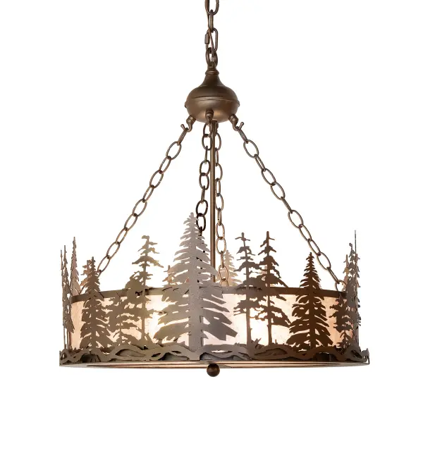 Mesmerizing Pine Tree silhouettes stand tall as the brilliant morning sun rises on this handsome ceiling pendant. Beautiful ambient light is projected through a stunning Silver Mica shade and complemented with decorative accents and hardware featured in a Tyler Bronze finish. Overall height ranges from 31 to 60 inches as the chain adjusts easily in the field. Place the ceiling fixture to create a dramatic design statement over kitchen and dining tables and entryways in lodges, log and timber frame homes, camps, and other residential and hospitality locations. It is ideal for illuminating timber homes, modern farmhouses, and other spaces from Traverse City, Michigan, to Lake Tahoe, Nevada, to Lake Geneva, Wisconsin. The Tall Pines Flushmount is included in our American-made, American-designed, handcrafted Nature Inspired Lighting Collection and manufactured in Yorkville, New York. UL and cUL listed for dry and damp locations. Collection: Tall Pines Finish: Tyler Bronze Glass: Silver Mica Width: 23.00" Height: 31.00" Length: 23.00" Weight: 16.50 lb Number of Bulbs: 4 Maximum Wattage: 60.00 W Bulb Type: A19 Bulb Base: E26 Material: Steel Country of Origin: USA Safety Rating: Damp