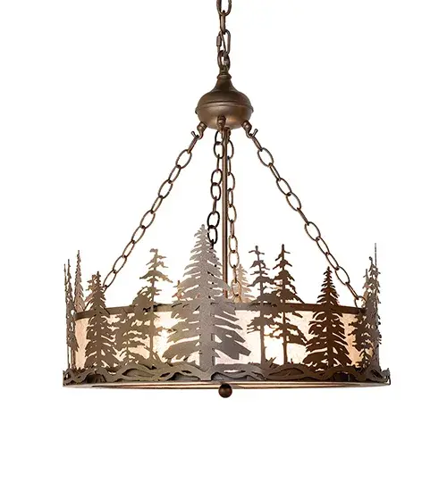 Mesmerizing Pine Tree silhouettes stand tall as the brilliant morning sun rises on this handsome ceiling pendant. Beautiful ambient light is projected through a stunning Silver Mica shade and complemented with decorative accents and hardware featured in a Tyler Bronze finish. Overall height ranges from 31 to 60 inches as the chain adjusts easily in the field. Place the ceiling fixture to create a dramatic design statement over kitchen and dining tables and entryways in lodges, log and timber frame homes, camps, and other residential and hospitality locations. It is ideal for illuminating timber homes, modern farmhouses, and other spaces from Traverse City, Michigan, to Lake Tahoe, Nevada, to Lake Geneva, Wisconsin. The Tall Pines Flushmount is included in our American-made, American-designed, handcrafted Nature Inspired Lighting Collection and manufactured in Yorkville, New York. UL and cUL listed for dry and damp locations. Collection: Tall Pines Finish: Tyler Bronze Glass: Silver Mica Width: 23.00" Height: 31.00" Length: 23.00" Weight: 16.50 lb Number of Bulbs: 4 Maximum Wattage: 60.00 W Bulb Type: A19 Bulb Base: E26 Material: Steel Country of Origin: USA Safety Rating: Damp - alternate view