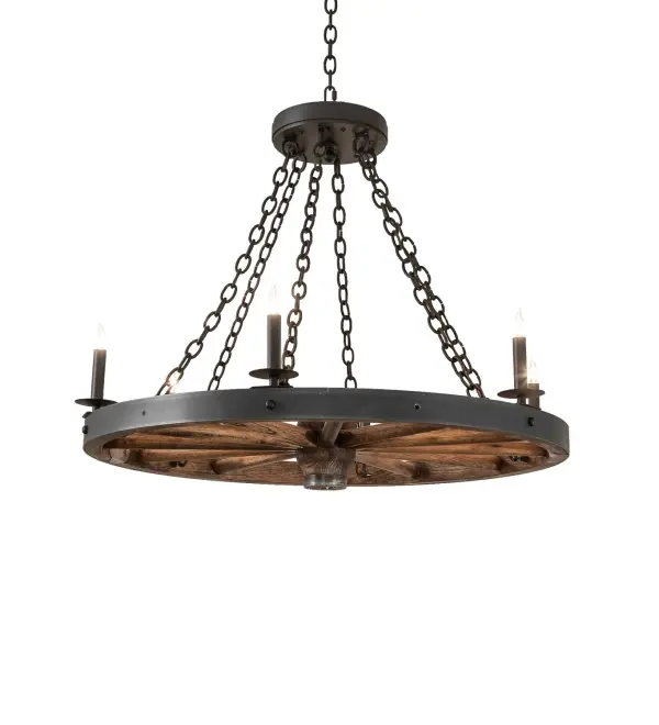 Every Meyda Tiffany item is a unique handcrafted work of art. Natural variations in the wide array of materials that we use to create each Meyda product make every item a masterpiece of its own. Photographs are a general representation of the product. Colors and designs will vary. Collection: Wagon Wheel Finish: Wrought Iron/Dark Walnut Glass: Black Metal Finish Width: 38.00" Height: 34.00" Length: 38.00" Weight: 45.00 lb Number of Bulbs: 6 Maximum Wattage: 60.00 W Bulb Type: BA9 Bulb Base: E12 Material: Steel/Wood Country of Origin: USA Safety Rating: Damp