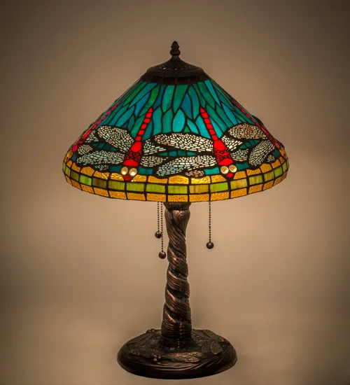 21"H Tiffany Dragonfly w/ Twisted Fly Mosaic Base Table Lamp