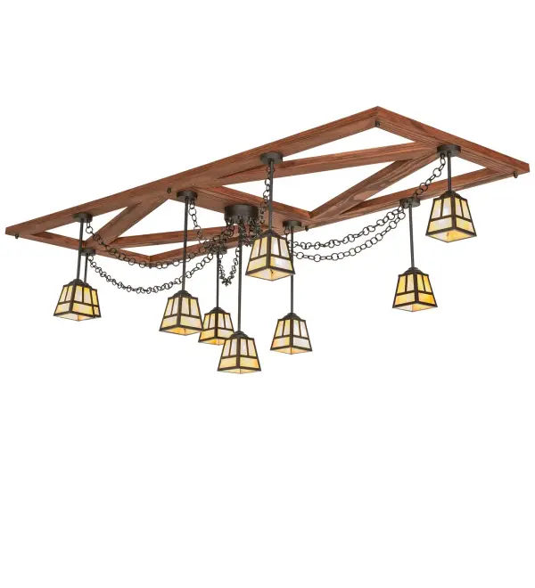 This massive, awe-inspiring chandelier combines Mission designs with a gorgeous rustic look. The nine handsome lanterns feature a stunning Craftsman Signature T Mission design with a Beige Iridescent glass diffuser. The fixture is complemented with Brass hardware finished in Craftsman Brown. Oil Rubbed Bronze finished canopies embrace the pendants and are attached to a Pine wooden frame with a Red Mahogany Stain. The Pocono Pool House 9 Light Chandelier is included in our American-made, American-designed, handcrafted Craftsman Signature Series and manufactured in Yorkville, New York. UL and cUL listed for dry, damp, and wet locations. This stunning ceiling fixture is featured at a private residence in the Poconos in Pennsylvania. Our Build Your Own Craftsman Signature Series features unlimited combinations of styles. The collection is called Build Your Own because it is fully configurable and customizable from size and design to finish and lens color. Marine grade, solid brass or copper raw materials ensure Craftsman Signature outdoor and indoor lighting fixtures will stand the test of time as these premium metals are impervious to most types of oxidation. Hand-applied Patina finishes on brass and copper are sealed with a clear varnish and, over time, may require gentle maintenance, such as waxing, to delay or reverse the natural living finish attributes. Patina finishes on Brass and Copper provide strong resistance to fading from sun exposure and will not chip, crack, or rust like a steel-framed fixture in the same conditions. Choose from many style options, or send us your concept today! Call today to learn how to use the configuration tool available on our website for an instant item number! Collection: Pocono Pool House Finish: Oil Rubbed Bronze & Craftsman Brown Glass: Beige Iridescent Glass Width: 37.00" Height: 30.00" Length: 96.00" Weight: 97.00 lb Number of Bulbs: 9 Maximum Wattage: 60.00 W Bulb Type: A19 Bulb Base: E26 Material: Steel/Wood Country of Origin: USA Safety Rating: Damp