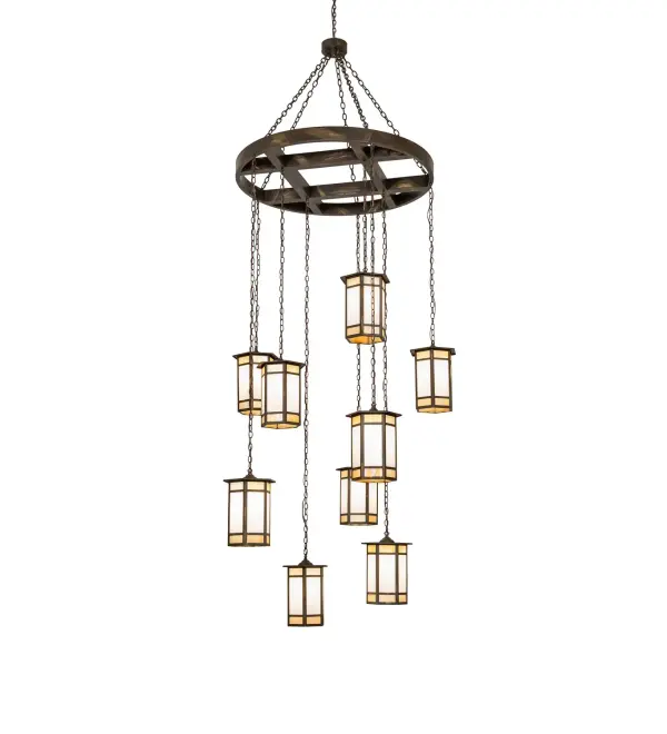Designed with nine unique Craftsman-styled lanterns, this cascading pendant combines Beige Iridescent and White Art glass diffusers juxtaposed at various heights from a decorative frame in an Antique Brass Matte finish. This fixture is ideal for lobbies, entryways, foyers, and other rooms where you want to make a dynamic design statement. The overall height ranges from 138 to 170 inches as the chains can be adjusted in the field for various lighting applications and requirements. The Asbury Turret 9 Light Cascading Pendant.is featured in our American-made, American-designed, handcrafted Craftsman Lighting Collection and manufactured in Yorkville, New York. UL and cUL listed for dry and damp locations. Collection: Asbury Finish: Antique Brass Matte Glass: Beige Iridescent/White Art Glass Width: 55.00" Height: 138.00" Length: 55.00" Weight: 165.00 lb Number of Bulbs: 9 Maximum Wattage: 60.00 W Bulb Type: A19 Bulb Base: E26 Material: Steel Country of Origin: USA Safety Rating: Damp