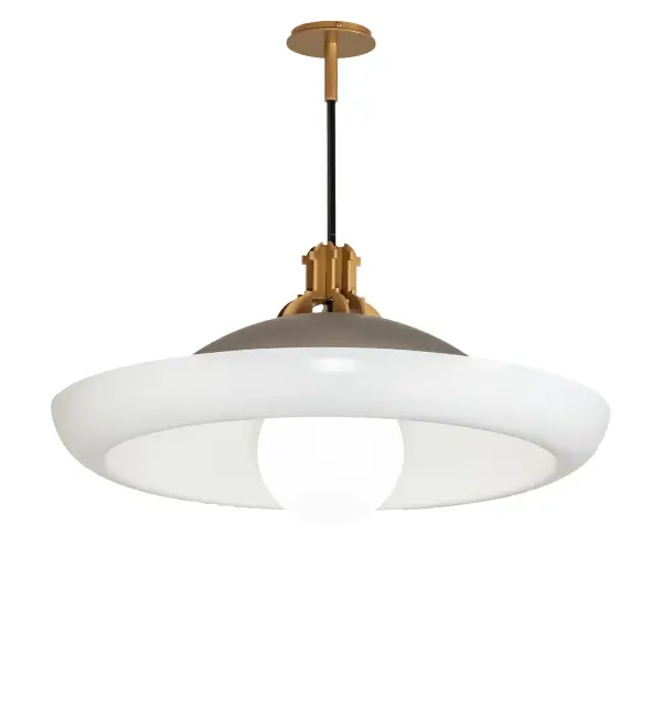 A dramatically styled pendant; Kasteel features an ample border around the shade in Matte Clear; with a Gloss White globe-style lamp in the center. The metal industrial-styled crown above is designed with a Honey Bucket finish; which embraces the complementary canopy and fitter above with a Jet Black suspension rod. The appealing fixture is ideal for illuminating tables and islands from Hartford; Connecticut; to Cleveland; Ohio; to Milwaukee; Wisconsin. The Kasteel Pendant is featured in our American-made; American-designed; handcrafted Industrial Lighting Collection and manufactured in Yorkville; New York. UL and cUL listed for dry and damp locations. This fixture was designed by David Singer of Arc Light Design in New York and is Featured at the Wolfgang Puck Bar & Grill in the MGM Grand Hotel & Casino in Las Vegas.