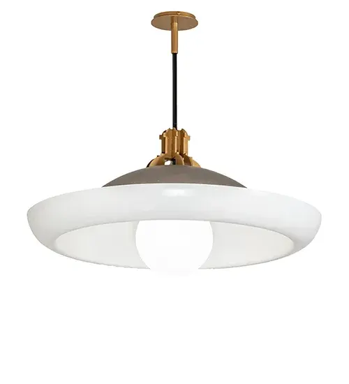 A dramatically styled pendant; Kasteel features an ample border around the shade in Matte Clear; with a Gloss White globe-style lamp in the center. The metal industrial-styled crown above is designed with a Honey Bucket finish; which embraces the complementary canopy and fitter above with a Jet Black suspension rod. The appealing fixture is ideal for illuminating tables and islands from Hartford; Connecticut; to Cleveland; Ohio; to Milwaukee; Wisconsin. The Kasteel Pendant is featured in our American-made; American-designed; handcrafted Industrial Lighting Collection and manufactured in Yorkville; New York. UL and cUL listed for dry and damp locations. This fixture was designed by David Singer of Arc Light Design in New York and is Featured at the Wolfgang Puck Bar & Grill in the MGM Grand Hotel & Casino in Las Vegas. - alternate view