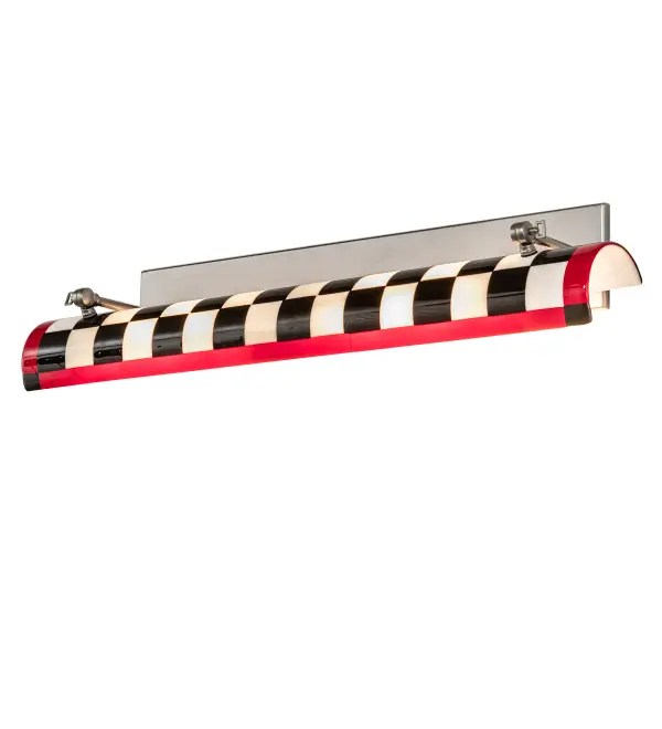 A true winning lighting design. The Black and White checkered racing flag shade of the Grand Prix Wall Sconce is kiln-fired with hand-cut glass squares fused together and fired again to fall into this curvaceous shape. Handmade by Meyda artisans; the shade is enhanced with Red Borders and Nickel hardware that will start your engine. This compelling lighting design features Fused Art Glass as a wall sconce that can illuminate paintings or other artwork. It is ideal for modern homes; racing-themed restaurants; art galleries; museums and those who appreciate a work of beauty. Traditional workmanship; high-fire kilns; and original tools are used to fuse art glass in the old world tradition and inspired by famous races from Toronto; Canada; to Indianapolis; Indiana; to Monterey; California. The Grand Prix Picture Light Wall Sconce is featured in our American-made; American-designed; handcrafted Fused Glass Lighting Collection. UL and cUL listed for dry and damp locations. Each shade is a unique work of art with color variations based on natural ingredients inherent in the glass.