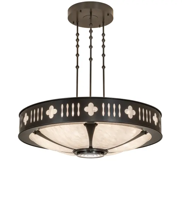 Gothic charm with a modern flair. This ceiling pendant features rounded cross-stylized motifs with decorative accents around the perimeter surrounding the elegant Angelwing Idalight bowl-shaped diffuser. The lighting fixture illuminates with eight inner lights to bring out the beauty of the Idalight and one downlight to deliver task lighting on surfaces below. An ideal centerpiece for living spaces or dining areas in residential and hospitality settings; from Bar Harbor; Maine; to Holland; Michigan; to Venice; California. The Portaferry Pendant is included in our American-made; American-designed; handcrafted Contemporary Lighting Collection and manufactured in Yorkville; NY. UL & cUL listed for dry and damp locations.